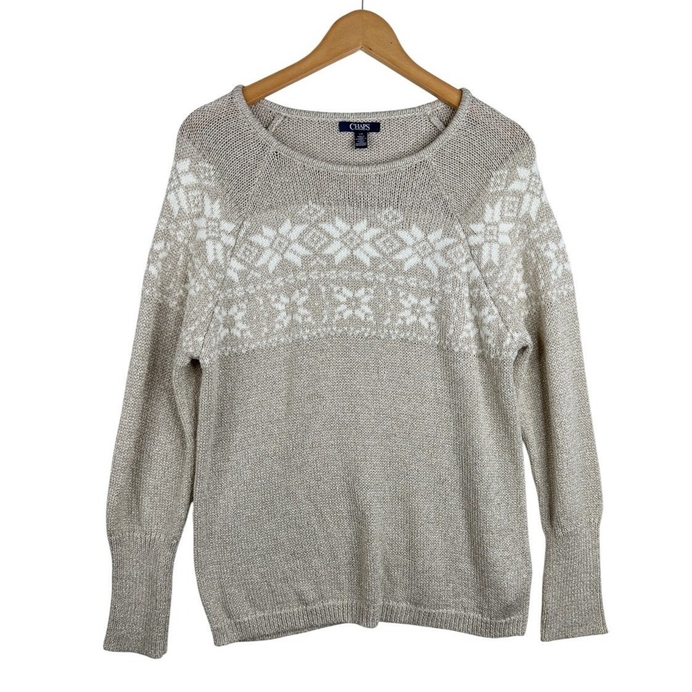 NWT CHAPS Womens Pink Lodge Gold Knit Sweater Size Large Fair Isle Snowflake